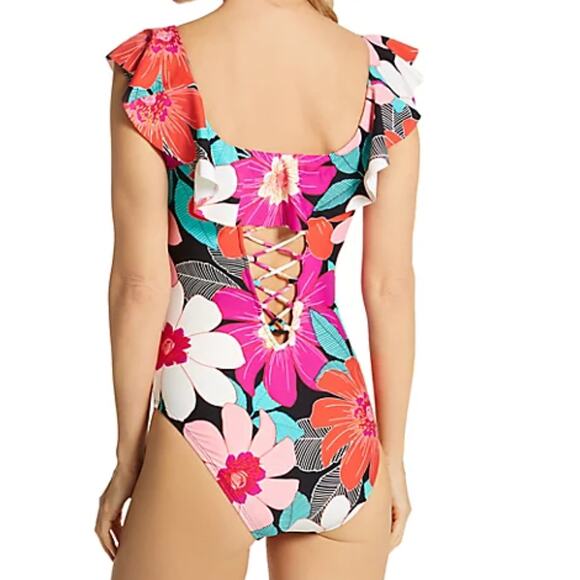 $135 La Blanca *In Full Bloom* Off/On Shoulder Ruffle One-Piece Swimsuit | Sz 6 - Picture 3 of 9